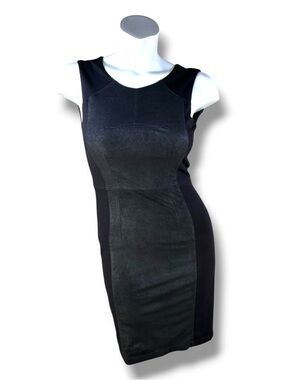 BCBGMaxAzria Black Sleeveless Faux-Suede Panel Midi Bodycon Dress in Size 02